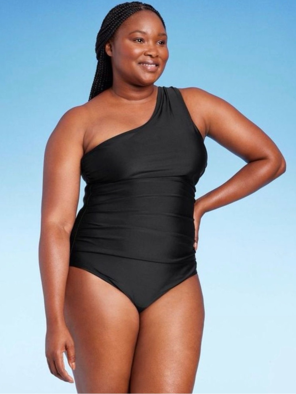 Kona Sol Tummy Control Black One-Shoulder Swimsuit Womens Size 16